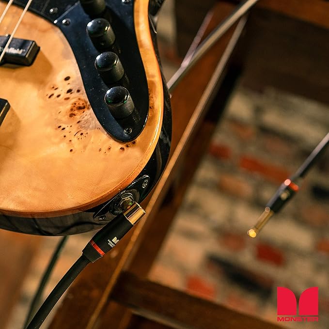 Monster Prolink Bass Instrument Cable – 12ft Right Angle to Straight Guitar Cable with 95% Copper Shielding