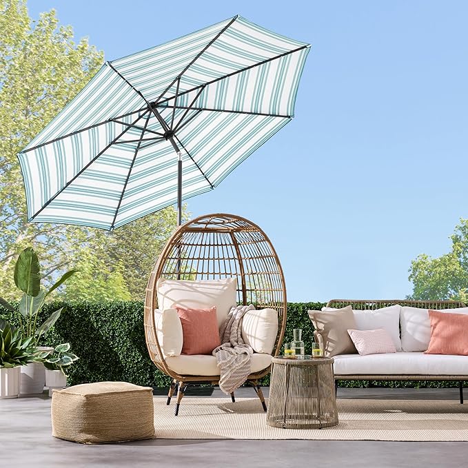 Best Choice Products 10ft Solar Polyester LED Lighted Patio Umbrella w/Tilt Adjustment and UV-Resistant Fabric - Striped Sky Blue