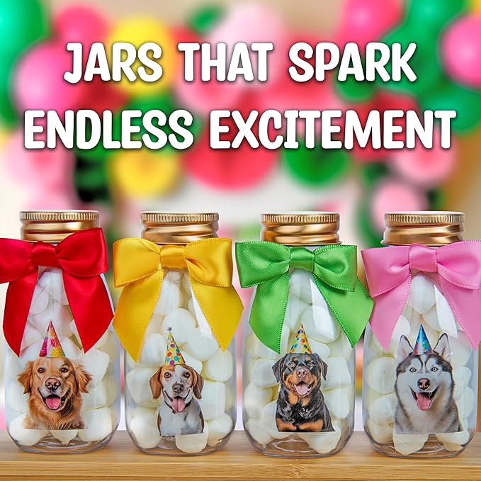 Small 12 Pack Dog Party Favors - DIY Candy Jars with Ribbons and Stickers - Puppy Pawty Decoration Bottles for Birthday, School Classroom - Paw Pup Treat Table Centerpiece for Kids and Adults