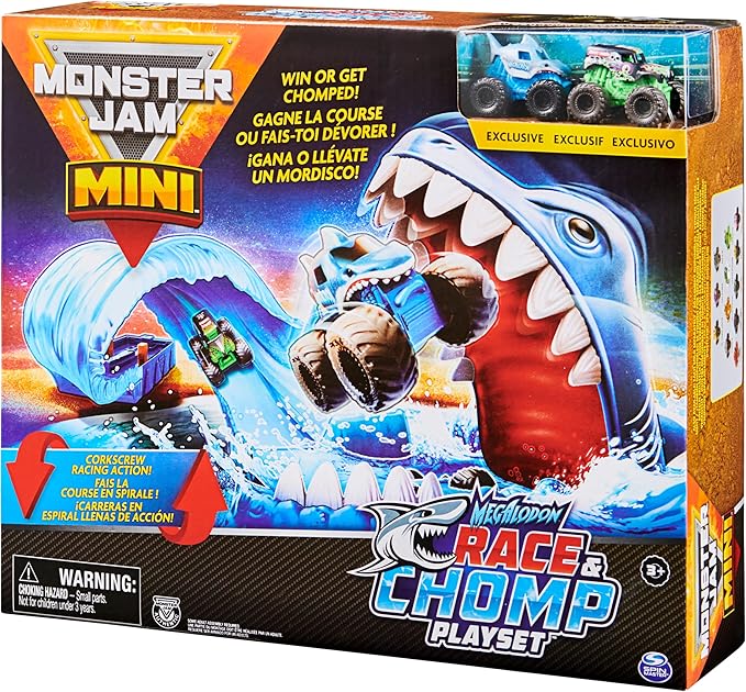 Monster Jam, Mini Megalodon Race and Chomp Playset with 2 Monster Jam Mini Trucks, 1:87 Scale, Kids Toys for Boys and Girls Ages 4-6+