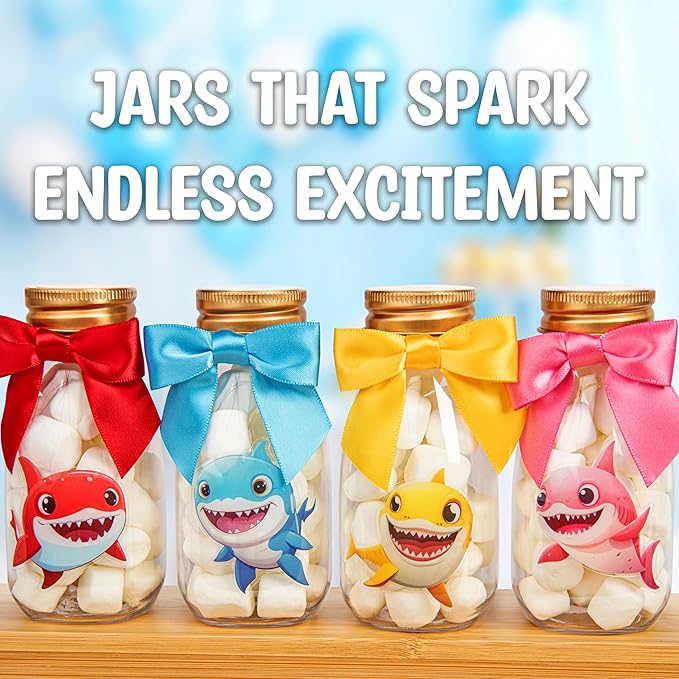 Small 12 Pack Baby Shark Party Favors - Candy Jars with Ribbons and Stickers - DIY Party Decoration Bottles for Birthday, School Classroom, and Baby Shower - Table Centerpieces for Kids