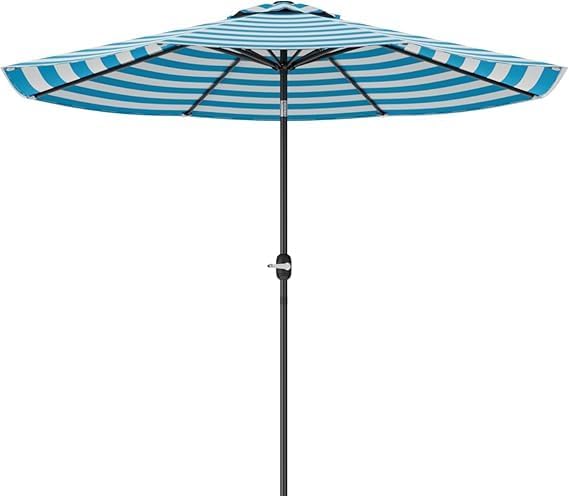 Greesum 9FT Patio Umbrella with Push Button Tilt and Crank, Outdoor Table Umbrella with 8 Sturdy Ribs, Market Table Parasol for Garden, Lawn, Backyard & Pool, Without Base, Blue and White
