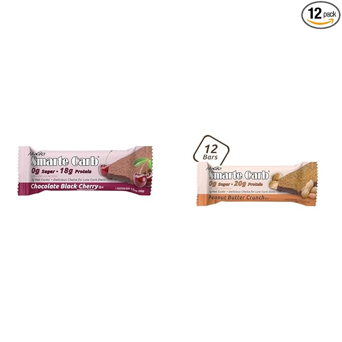 NuGo Smarte Carb Chocolate Black Cherry 18g Protein 12 Count and Peanut Butter Crunch 20g Protein 12 Count Bundle