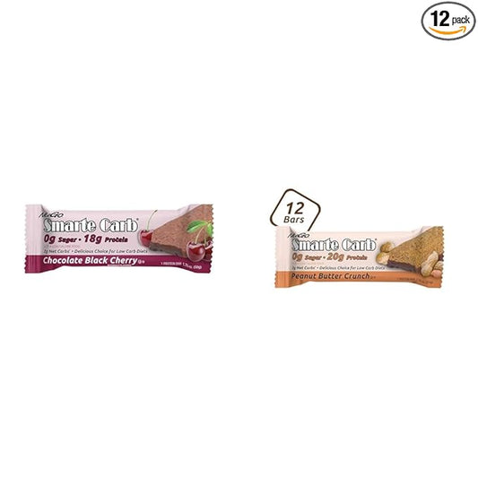 NuGo Smarte Carb Chocolate Black Cherry 18g Protein 12 Count and Peanut Butter Crunch 20g Protein 12 Count Bundle