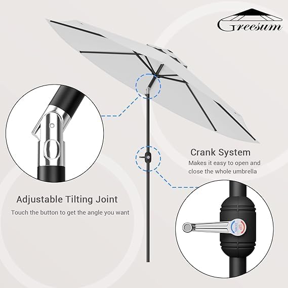 Greesum 9FT Patio Umbrella with Push Button Tilt and Crank, Outdoor Table Umbrella with 8 Sturdy Ribs, Market Table Parasol for Garden, Lawn, Backyard & Pool, Without Base, White