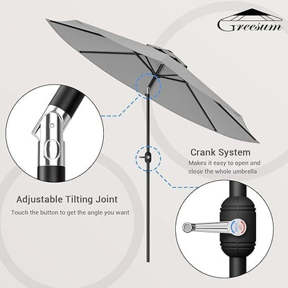 Greesum 9FT Patio Umbrella with Push Button Tilt and Crank, Outdoor Table Umbrella with 8 Sturdy Ribs, Market Table Parasol for Garden, Lawn, Backyard & Pool, Without Base, Gray