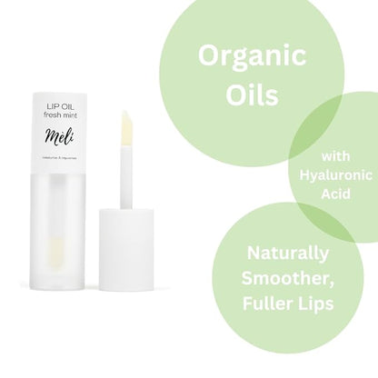 MÈLI Organic Lip Oil with Hyaluronic Acid | Clear Non-Sticky, Natural Lip Gloss, Moisturizing, Revitalizing and Rejuvenating (Fresh Mint)