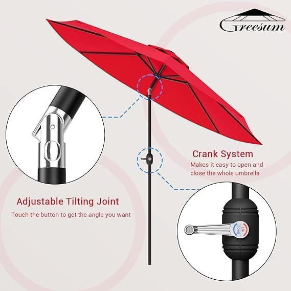 Greesum 9FT Patio Umbrella with Push Button Tilt and Crank, Outdoor Table Umbrella with 8 Sturdy Ribs, Market Table Parasol for Garden, Lawn, Backyard & Pool, Without Base, Red
