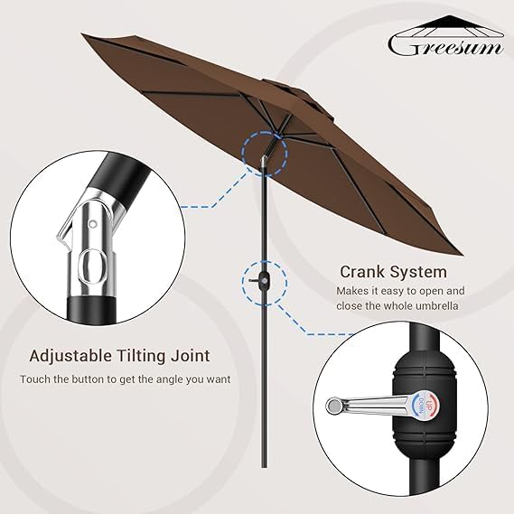 Greesum 9FT Patio Umbrella with Push Button Tilt and Crank, Outdoor Table Umbrella with 8 Sturdy Ribs, Market Table Parasol for Garden, Lawn, Backyard & Pool, Without Base, Brown