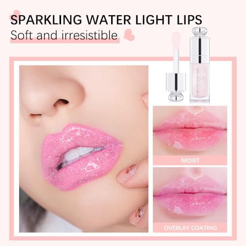 Plumping Lip Oil,Hydrating Gloss Tinted Lip Balm Transparent Lip Care,Big Brush Head Glitter Shine,Long Lasting Nourishing Non-sticky Fresh Textureand Dry Lips Lip Care Products0.2 OZ(013# STRAWBERRY)