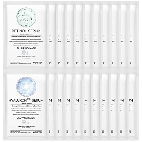 Retinol + Hyaluron Serum Korean Sheet Mask Sheet Gift Pack [20 Count] Plumping Glowing Luminating Hydrating Rejuvenating Sheet Mask Gift Pack