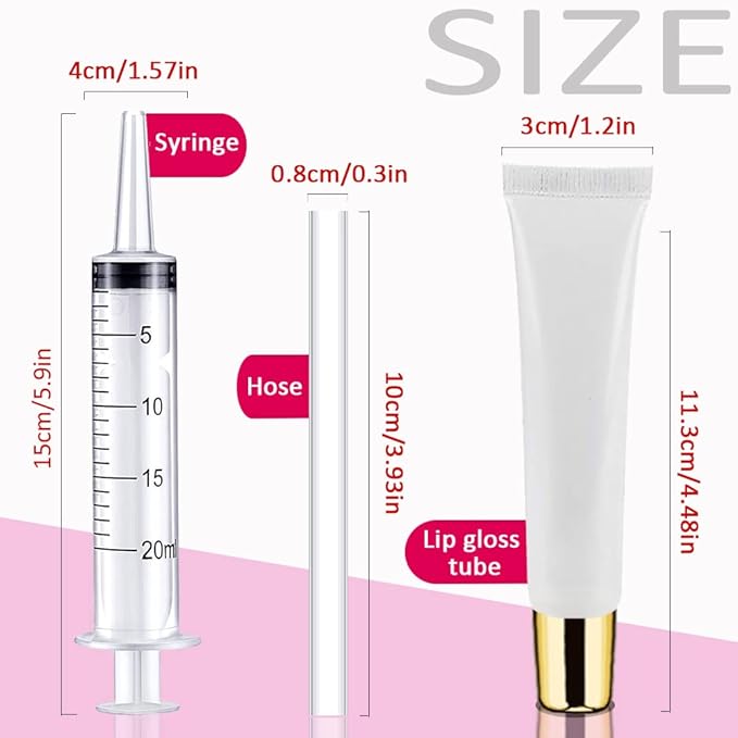 AMORIX 50PCS Lip Gloss Tubes 20ml Gold Cap Lip Gloss Containers Empty Lip Balm Tubes Refillable Cosmetic Squeeze Lipgloss Tubes + 2 x 20ml Syringes Tag Labels for DIY Lip Gloss Glitter