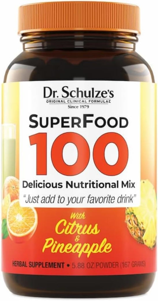Dr. Schulze's SuperFood 100 Nutritional Mix100% Vitamins | Only Fruits, Vegetables & Herbs | Citrus Pineapple Flavor Powder 5.88 oz | 30 Servings