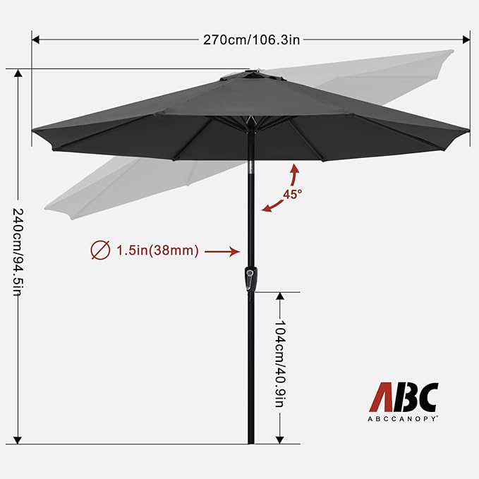 ABCCANOPY 9FT Outdoor Patio Umbrella, 8 Ribs Table Umbrella w/Crank for Easy Set Up, Suitable for Garden, Lawn, Deck & Backyard (Dark Gray)