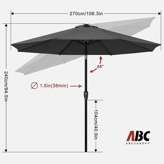 ABCCANOPY 9FT Outdoor Patio Umbrella, 8 Ribs Table Umbrella w/Crank for Easy Set Up, Suitable for Garden, Lawn, Deck & Backyard (Dark Gray)