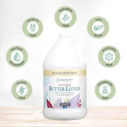 Ginger Lily Farms Botanicals Soothing Butter Lotion for Dry, Sensitive Skin, 100% Vegan & Cruelty-Free, Fragrance Free, 1 Gallon Refill (Pack of 4)