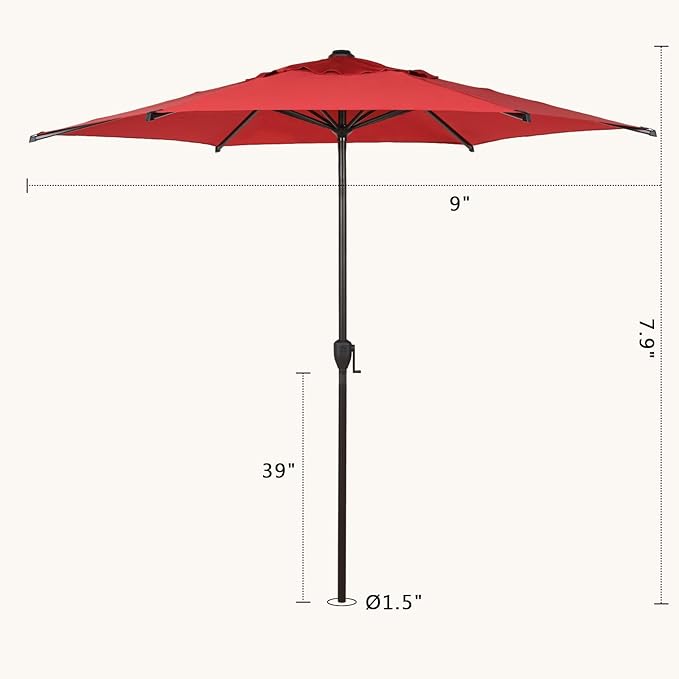 Abba Patio 9FT Lyon Outdoor Patio Umbrella Outdoor Table Umbrella with Push Button Tilt and Crank Market Umbrella 6 Sturdy Ribs UV Protection Waterproof for Garden Deck Backyard Pool，Red
