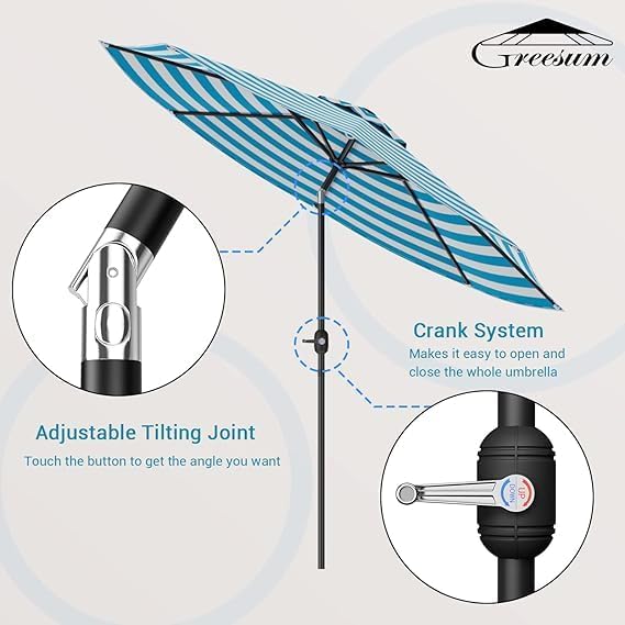 Greesum 9FT Patio Umbrella with Push Button Tilt and Crank, Outdoor Table Umbrella with 8 Sturdy Ribs, Market Table Parasol for Garden, Lawn, Backyard & Pool, Without Base, Blue and White