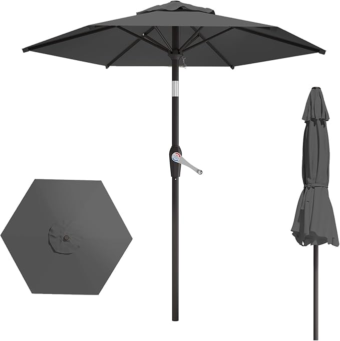 7.5FT Patio Umbrella Table Market Umbrella w/Tilt and Crank Heavy-Duty Round Outdoor Umbrellas for Garden, Deck, Backyard, Pool and Beach, Gray