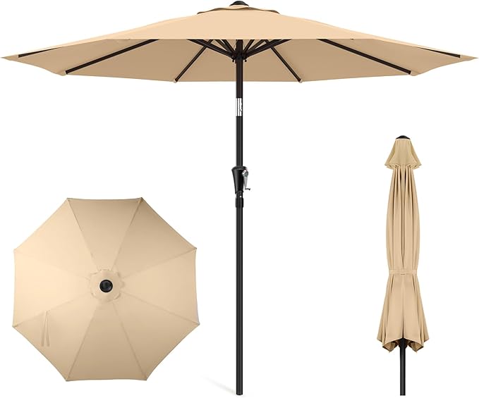 9ft Outdoor Patio Umbrella - Market Table Pool Deck Umbrella UPF50+ UV Protection with Push Button Tilt, Crank and 8 Sturdy Ribs (Beige, No base)