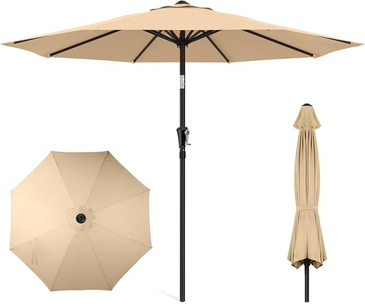 9ft Outdoor Patio Umbrella - Market Table Pool Deck Umbrella UPF50+ UV Protection with Push Button Tilt, Crank and 8 Sturdy Ribs (Beige, No base)