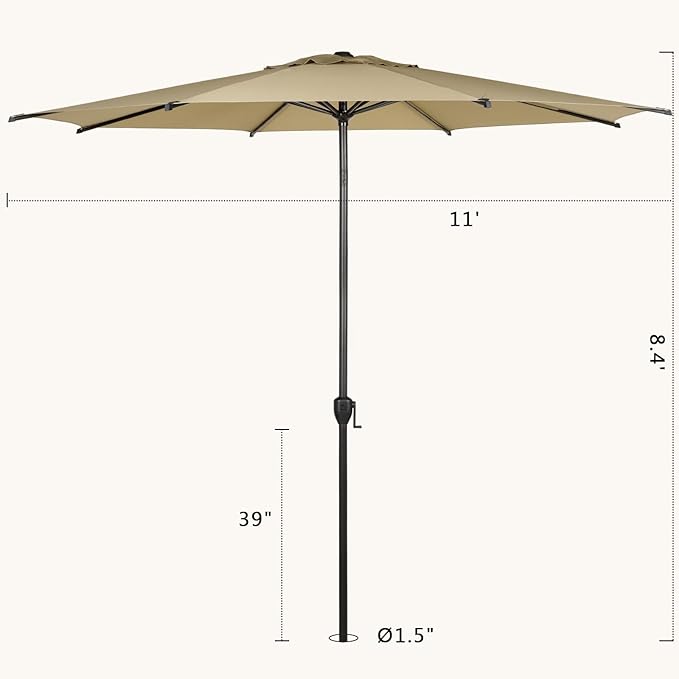 Abba Patio 11FT Lyon Outdoor Patio Umbrella Outdoor Table Umbrella with Push Button Tilt and Crank Market Umbrella 8 Sturdy Ribs UV Protection Waterproof for Garden Deck Backyard Pool Tan