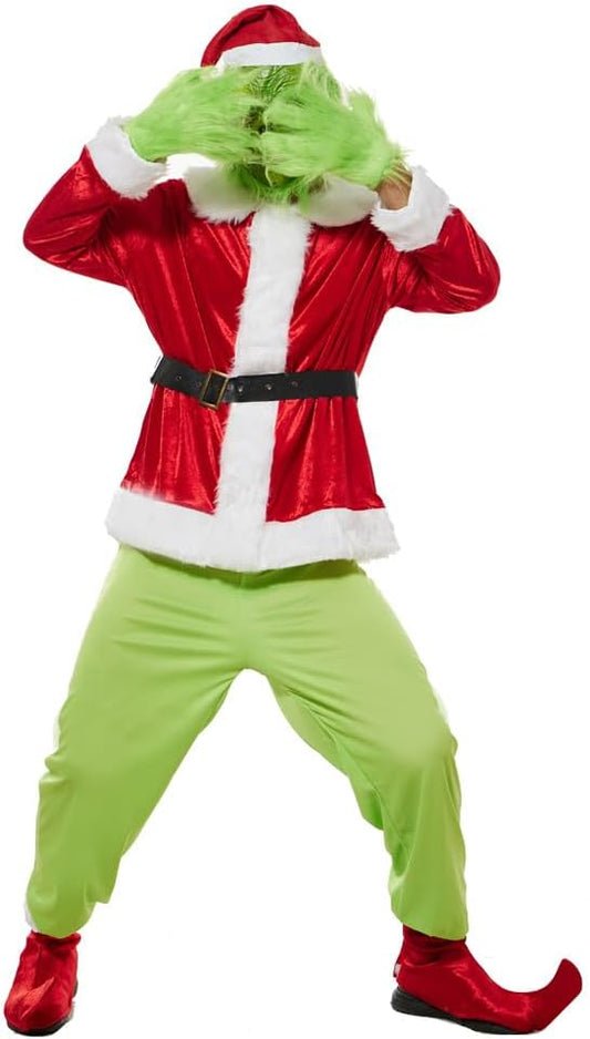 EraSpooky Adult Green Monster Christmas Costume Deluxe Men's Santa Cosplay Holiday Suit