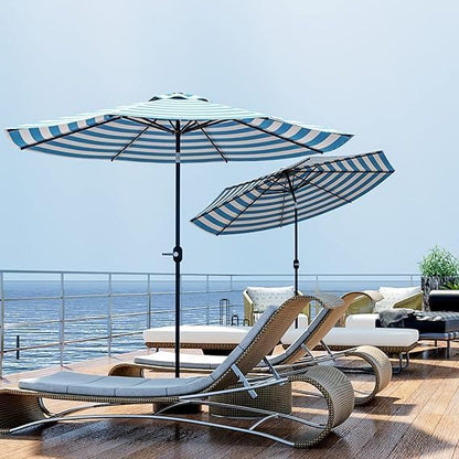 Greesum 9FT Patio Umbrella with Push Button Tilt and Crank, Outdoor Table Umbrella with 8 Sturdy Ribs, Market Table Parasol for Garden, Lawn, Backyard & Pool, Without Base, Blue and White