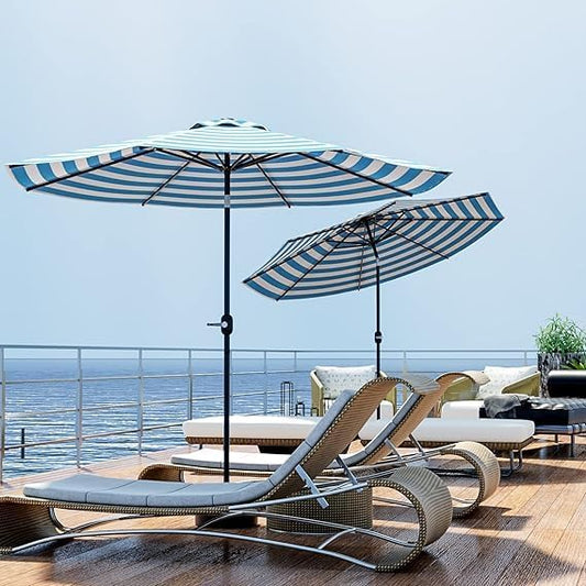 Greesum 9FT Patio Umbrella with Push Button Tilt and Crank, Outdoor Table Umbrella with 8 Sturdy Ribs, Market Table Parasol for Garden, Lawn, Backyard & Pool, Without Base, Blue and White