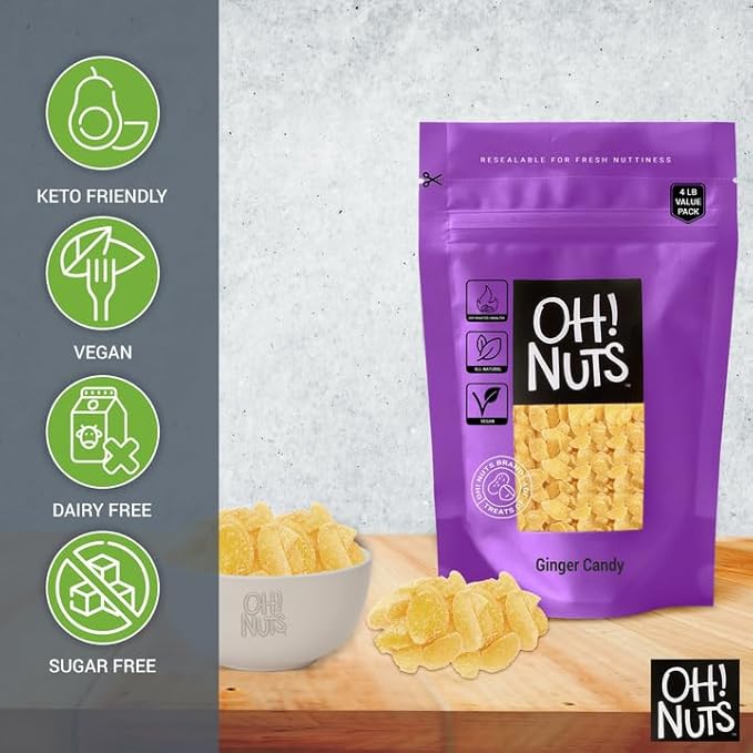 Oh! Nuts Ginger Candy - 4 lb - Dried Fruit Slices - with Crystallized Sugar Candied Coating - Dehydrated Fruit Bites - Packed in New York Zip-Seal Bag for Exceptional Freshness