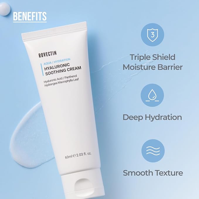 ROVECTIN Aqua Hyaluronic Soothing Cream - Skin Barrier Repair with Ceramide, Hyaluronic Acid, Niacinamide | Intense Hydrating Cream | Fragrance Free, Vegan, Korean Skincare (2.03 fl oz)