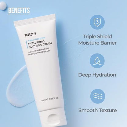 ROVECTIN Aqua Hyaluronic Soothing Cream - Skin Barrier Repair with Ceramide, Hyaluronic Acid, Niacinamide | Intense Hydrating Cream | Fragrance Free, Vegan, Korean Skincare (2.03 fl oz)