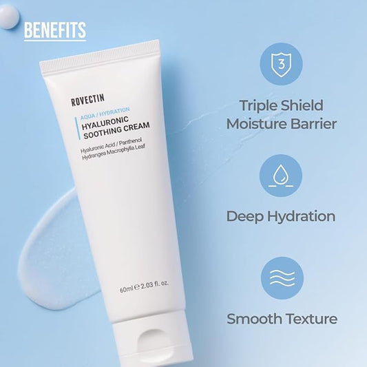 ROVECTIN Aqua Hyaluronic Soothing Cream - Skin Barrier Repair with Ceramide, Hyaluronic Acid, Niacinamide | Intense Hydrating Cream | Fragrance Free, Vegan, Korean Skincare (2.03 fl oz)