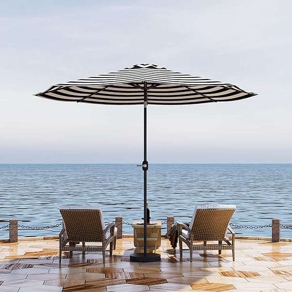 Greesum 9FT Patio Umbrella with Push Button Tilt and Crank, Outdoor Table Umbrella with 8 Sturdy Ribs, Market Table Parasol for Garden, Lawn, Backyard & Pool, Without Base, Black and White