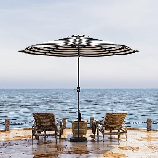 Greesum 9FT Patio Umbrella with Push Button Tilt and Crank, Outdoor Table Umbrella with 8 Sturdy Ribs, Market Table Parasol for Garden, Lawn, Backyard & Pool, Without Base, Black and White