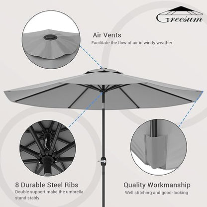 Greesum 9FT Patio Umbrella with Push Button Tilt and Crank, Outdoor Table Umbrella with 8 Sturdy Ribs, Market Table Parasol for Garden, Lawn, Backyard & Pool, Without Base, Gray
