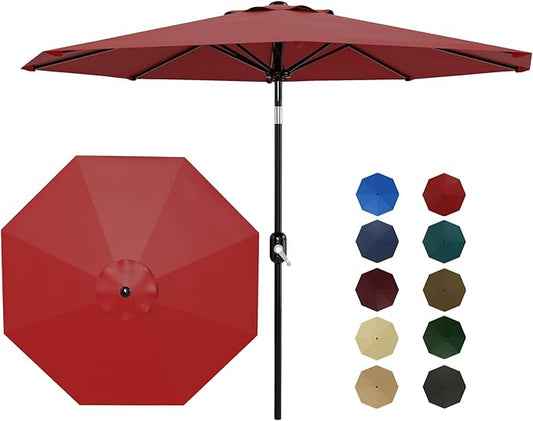 9Ft Patio Umbrella - 8 Sturdy Ribs Outdoor Table Umbrella with Crank Lift & Push Button Tilt - Market Umbrella for Pool, Deck, Yard, Garden - Red