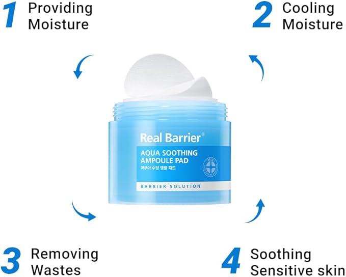 Real Barrier Aqua Soothing Ampoule Pad, 70 Pads, Cooling Soothing Facial Pad Mask for Redness Relief, Skin Barrier Repair Face Moisturizer with Hyaluronic Acid for Sensitive Dry Skin, Korean Skincare