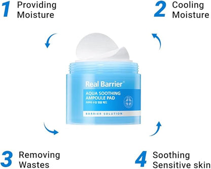 Real Barrier Aqua Soothing Ampoule Pad, 70 Pads, Cooling Soothing Facial Pad Mask for Redness Relief, Skin Barrier Repair Face Moisturizer with Hyaluronic Acid for Sensitive Dry Skin, Korean Skincare