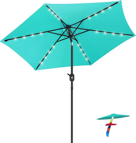 FRUITEAM 7.5 ft Solar Umbrella 24 LED Lighted Patio Umbrella Table Market Umbrella with Tilt and Crank Outdoor Umbrella for Garden, Deck, Backyard, Pool and Beach