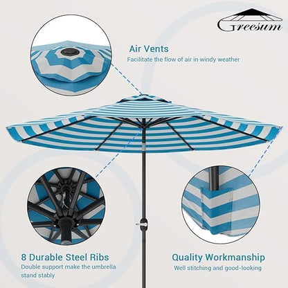 Greesum 9FT Patio Umbrella with Push Button Tilt and Crank, Outdoor Table Umbrella with 8 Sturdy Ribs, Market Table Parasol for Garden, Lawn, Backyard & Pool, Without Base, Blue and White