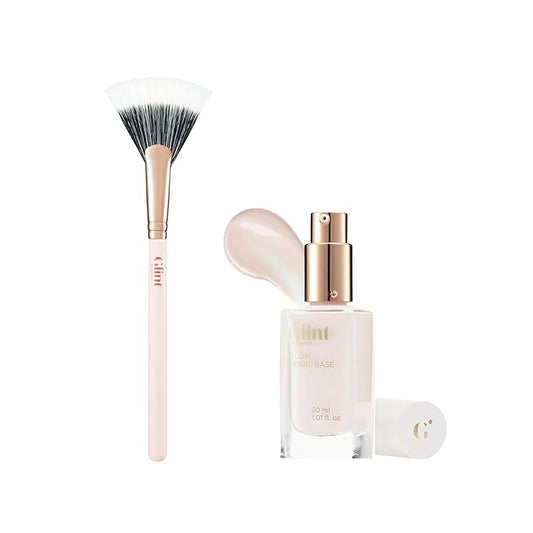 Glint Makeup Fan Brush & Glow Pearl Base (30 ml/1.01 fl oz) Moisturizing Foundation Primer with a Radiant Champagne Pink Glow for a Natural, Luminous Complexion | Korean Skincare