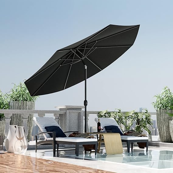 Greesum 9FT Patio Umbrella with Push Button Tilt and Crank, Outdoor Table Umbrella with 8 Sturdy Ribs, Market Table Parasol for Garden, Lawn, Backyard & Pool, Without Base, Black