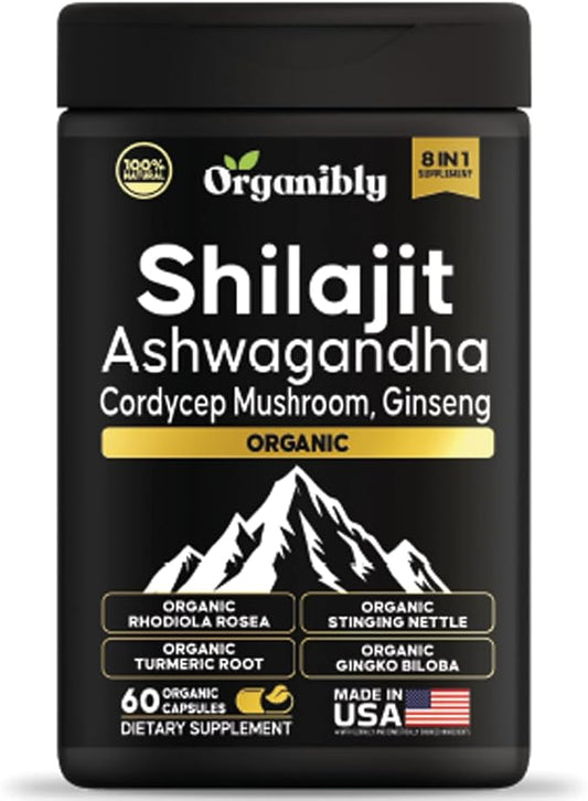 Pure Himalayan Shilajit Supplement for Men with Ashwagandha, Cordyceps Mushroom, Ginseng, Tumeric, Stinging Nettle, Rhodiala Rosea, Gingko Biloba - Resin, Gummy & Powder Alternative