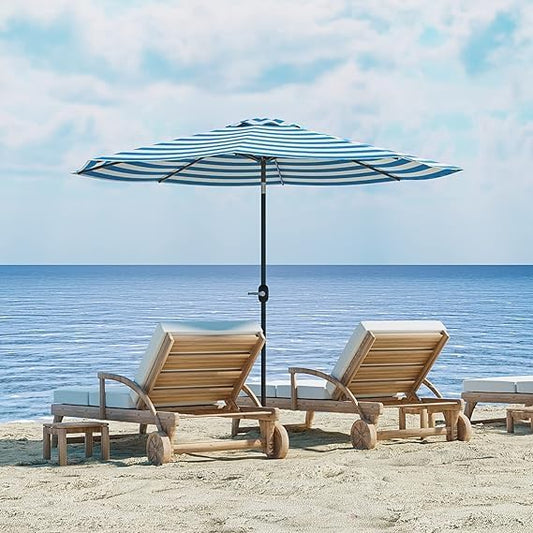 Greesum 9FT Patio Umbrella with Push Button Tilt and Crank, Outdoor Table Umbrella with 8 Sturdy Ribs, Market Table Parasol for Garden, Lawn, Backyard & Pool, Without Base, Blue and White