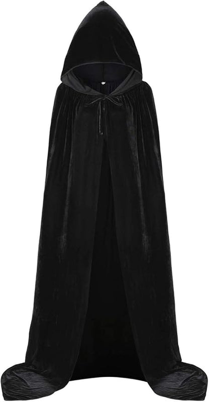 Unisex Adult Black Witch Cape Full Length Hooded Robe Cloak Halloween Dress Up Parties