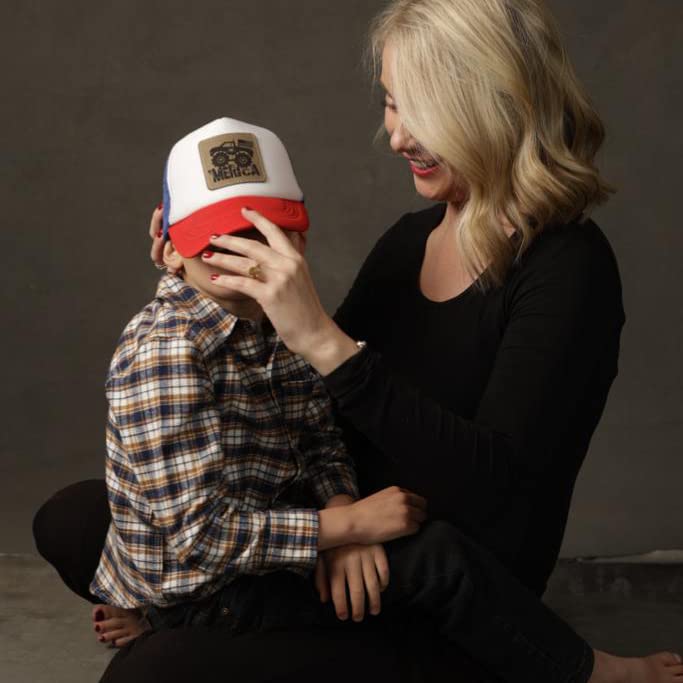 Red White and Blue 'Merica Monster Truck Baseball Cap for Kids, American Flag Hat for Boys, Patriotic Hat for Girls, Toddler Monster Truck Baseball Hat for Kids