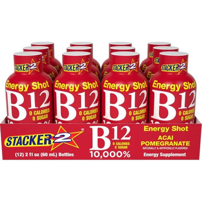 Stacker 2 Vitamin B Complex B12 B6 B3 Liquid Energy Shots - Vegansafe & Vegan Cyanocobalamin, 10,000% DRV - B-6 Pyridoxine 40mg - B3 Niacinamide (Niacin) 20mg Bundle Pack (2oz, Pack of 24)