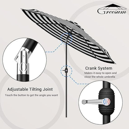 Greesum 9FT Patio Umbrella with Push Button Tilt and Crank, Outdoor Table Umbrella with 8 Sturdy Ribs, Market Table Parasol for Garden, Lawn, Backyard & Pool, Without Base, Black and White