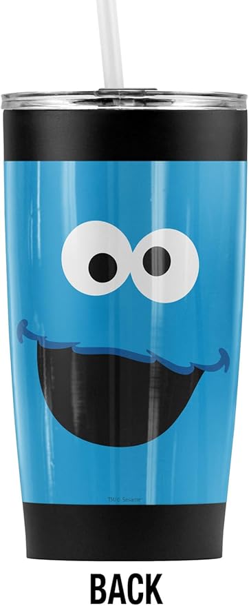 LOGOVISION Sesame Street Cookie Monster Face Stainless Steel Tumbler with Straw and Flip Lid 20 oz, Vacuum Insulated & Double Wall with Leakproof Dual Lid | Great for Iced Coffee and Hot Beverage